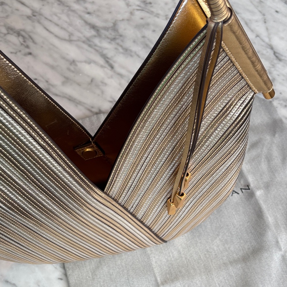 Large Gold Silver Metallic Patchwork Pleated Shou… - image 5